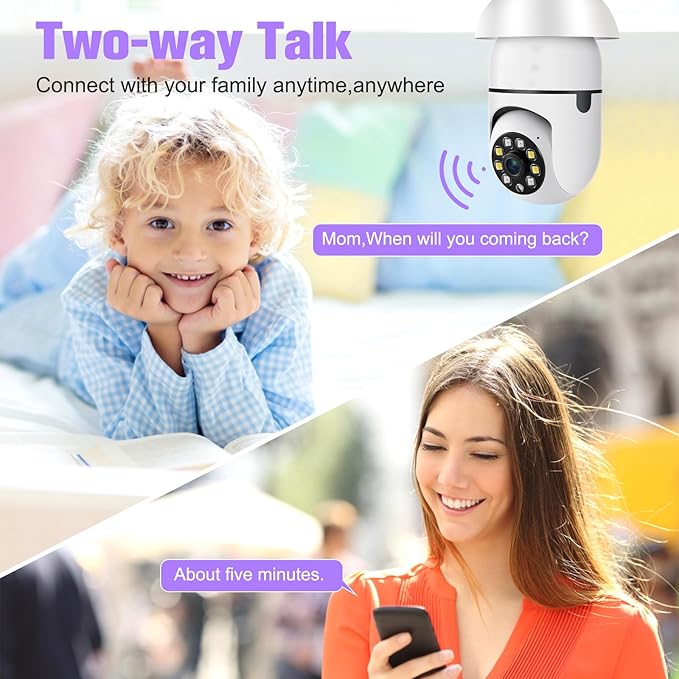Security Camera Indoor Wireless WiFi Outdoor Home E27 360 Degree Panoramic Home Security Cameras IP Camera Motion Detection and Alarm Two-Way Audio 2pack-64GB