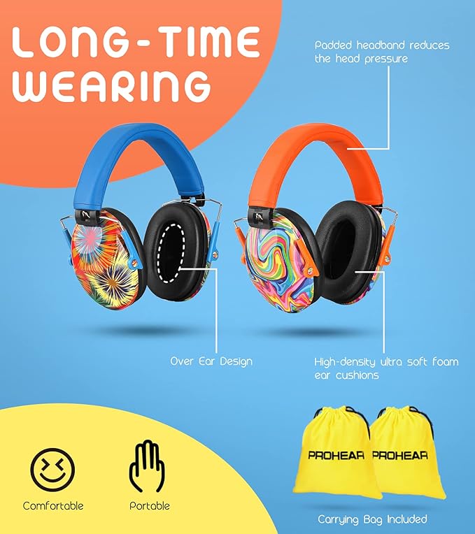 PROHEAR 032 2 Pack Kids Ear Protection, NRR 25dB, Adjustable Headband Safety Earmuffs for Sports Events, Concerts, Airports - Orange & Blue