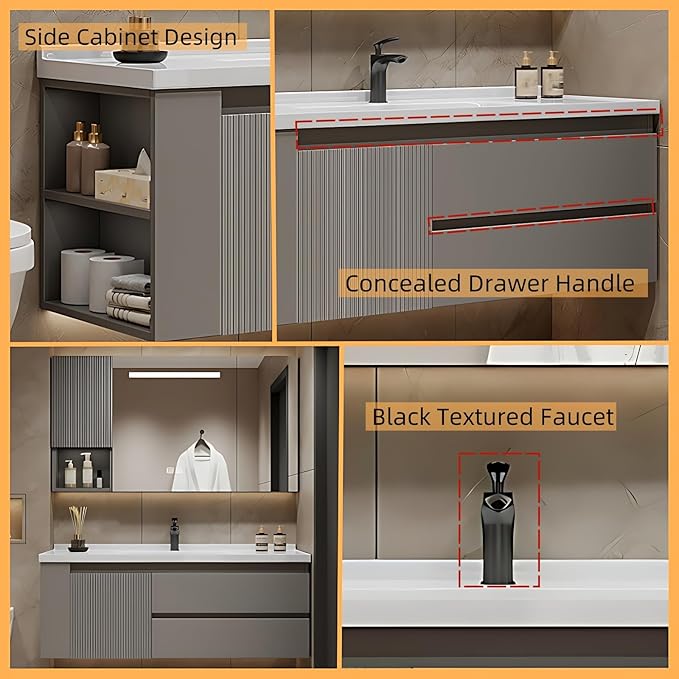 72IN Suspended Bathroom Cabinet Combo Set - Fully Functional LED Mirror with Smart Defogging & Time Display | Bathroom Vanity with Sink,Side Cabinet Storage Compartment (Style A)