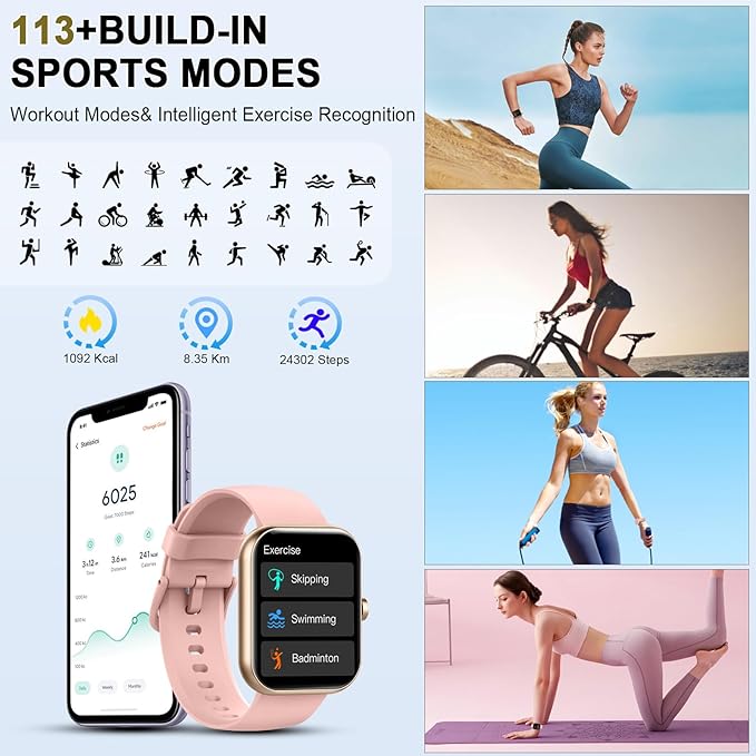 Smart Watch (Answer/Make Calls), 1.96"HD Smartwatch for Women Men, 2025 Activity Tracker with Heart Rate Monitor, Sleep Trackers, Pedometer, IP68 Waterproof, Fitness Watch for Android iOS Pink