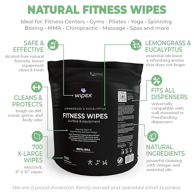 Wipex Wipe Dispenser & Refill Bundle - 1400ct 8"x12" Large Gym Wipes for Equipment, Lemongrass & Eucalyptus Scent with Premium Black Stainless Steel Floor Dispenser & Trashcan
