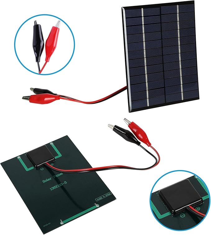 2W 12V Solar Panel DIY Battery Solar Charger Board + Tiger Clip- Perfect for Outdoor Charging Batteries and Low-Power Electronic Products