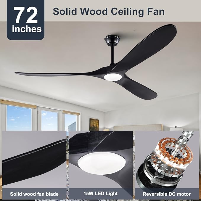 Black 72 Inch Outdoor Ceiling Fan with Remote, Large Ceiling Fans with Lights, Modern Quiet Reversible DC Motor 6 Speeds Timing Farmhouse Ceiling Fan for Paitios Waterproof Gazebo Office Bedroom
