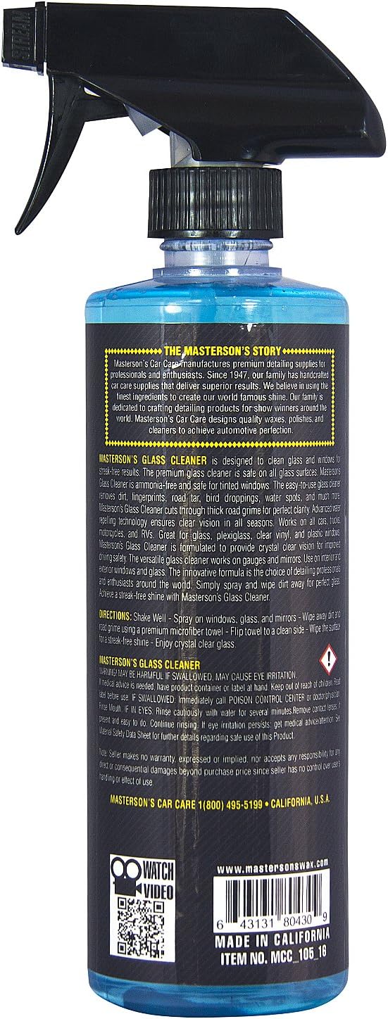 Masterson's Car Care MCC_105_16 Glass Cleaner - Streak-Free Shine Safe for Clear and Tinted Windows - Water Repelling Technology Keeps Glass Ultra Clean (16 oz)