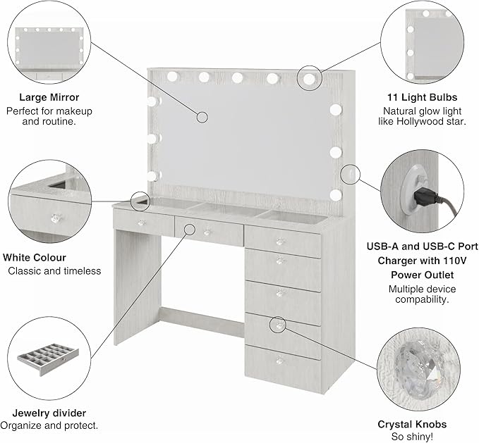 Boahaus Serena White Makeup Vanity with Mirror and 11 Lights, 7 Drawers, Glass Top, Crystal Knobs, USB-A & USB-C Ports, 110V Power Outlet, Bedroom Vanity Desk (Grey-1)