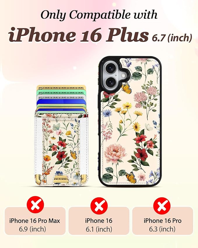 Shorogyt for iPhone 16 Plus Wallet Case - Fits 5 Cards, Compatible with Magsafe Detachable Magnetic Credit Card Holder Leather Cardholder Cute Phone Cover Women Girls for Apple 16Plus, Floral