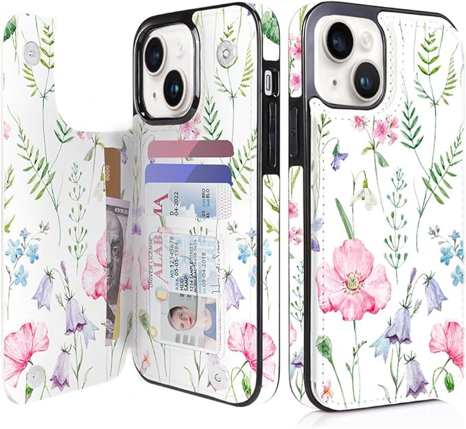 uCOLOR Compatible with iPhone 14/15 Plus 6.7" Wallet Case with Card Holder Slots Folio Flip PU Leather Kickstand Magnetic Clasp and RFID Blocking Cover (Pink Flowers)