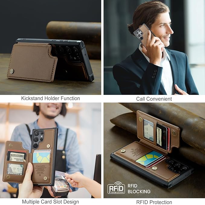 Bemal for Samsung Galaxy S23 Ultra Wallet Case with Card Holder, RFID Blocking, Shockproof Leather Kickstand for Men and Women, Durable Protective Phone Cover for 6.8", Brown