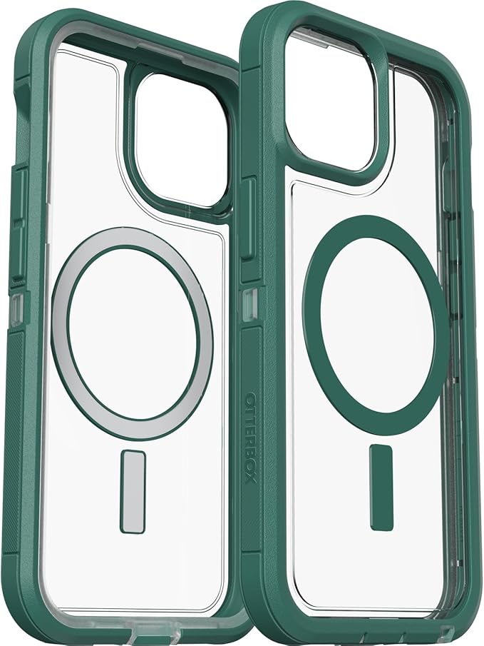 OtterBox iPhone 16e, 15, 14, & 13 Defender Series XT Clear Case - Velvet Evergreen (Clear), screenless, Rugged, Snaps to MagSafe, Lanyard Attachment