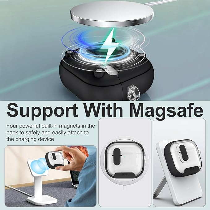 for Airpods 4 Case Clear,Secure Lock for Airpods 4th Generation Case Cover with Phone Stand and Magsafe Function,Auto Pop-up,Hybrid Protection Design with Carabiner&Cleaning Pen-Black