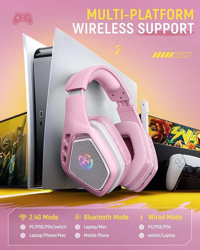 Tatybo Wireless Gaming Headset for PC, Ps5, Ps4, 2.4 Ghz USB & Type-C Gaming Headphones with Microphone, 30H Battery Bluetooth Headphones for Switch, Laptop, Mobile, Mac (Pink)