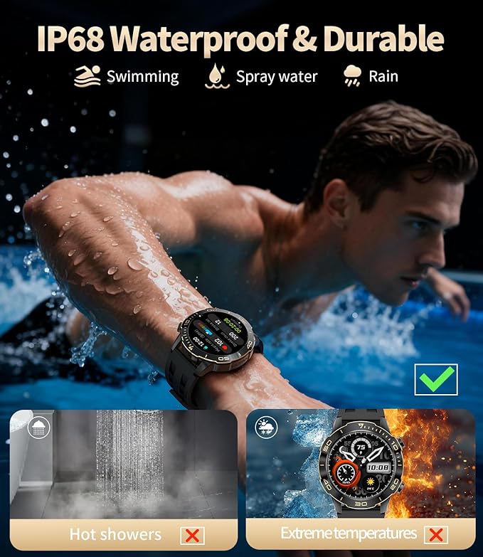 Military Smart Watch for Men(Answer/Calls),1.43''AMOLED Screen,500mAh 5ATM Waterproof,170 Sports Modes, Fitness Tracker Watch with Heart Rate/SpO2/Blood Pressure for Android/iOS,Smartwatch Black
