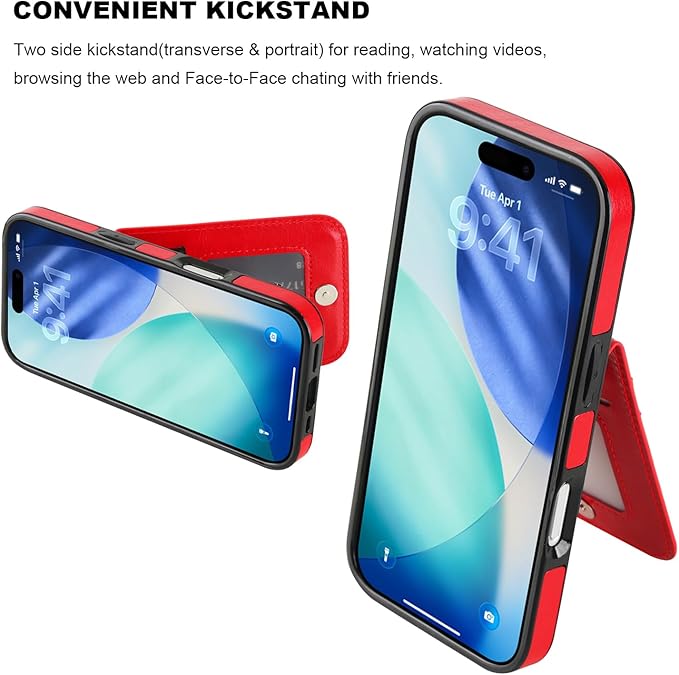 KIHUWEY Compatible with iPhone 17 Case Wallet with Credit Card Holder, Flip Premium Leather Magnetic Clasp Kickstand Heavy Duty Protective Cover for iPhone 17 6.3 Inch (Red)