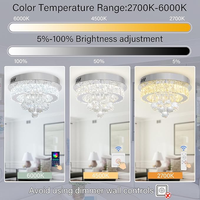 Dia 12" Mini Chandelier Flush Mount Chandelier for Hallway, Crystal Ceiling Chandeliers for Dining Room, Bedroom, Living Room, Entryway, Kitchen (Chrome Ceiling Light Fixture)