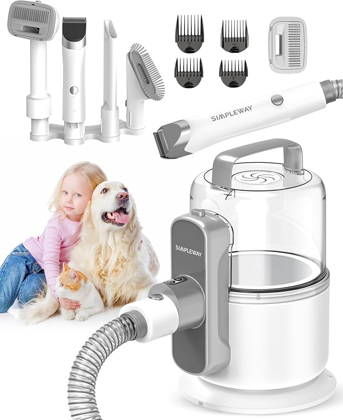 Dog Vacuum Grooming Kit for Shedding: Professional Hair Clippers Pet Groomer - Strong Suction Cleaner Deshedding Tool Fur Brush Attachment Trimmer for Home Cat (Pale White)