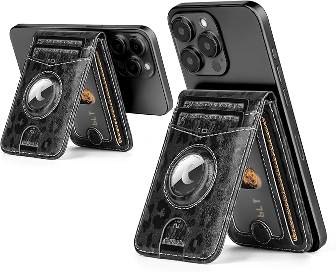 Compatible with Magsafe Case with RFID Blocking Card Holder AirTag pocket for iPhone 17/16/15/14/13/12 Pro/Pro Max/PlusSeries,Not Fit iPhone Mini,Leopard-Black
