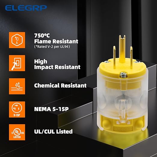 ELEGRP Lighted 15 Amp 125 Volt NEMA 5-15P 2 Pole 3 Wire Grounding Straight Blade Electrical Plug Replacement Cord Outlet Commercial Grade, Yellow, 2 Pack