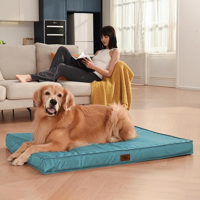 Outdoor Orthopedic Dog Bed for Extra Large Dogs, XL Waterproof Flat Pet Bed 44x32 Inch, Egg Crate Foam with Removable Washable Oxford Cooling Cover, Light Blue