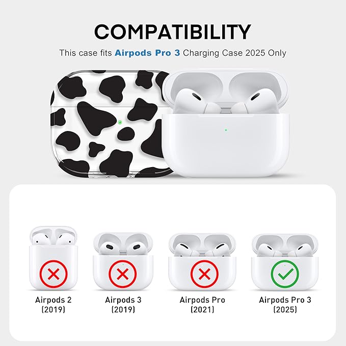 Maxjoy for AirPods Pro 3rd Generation Case, Clear AirPods Pro 3 Case for Women Girly Cute Soft AirPod Pro 3 Cover with Keychain Strap for AirPod Pro 3rd Gen Cover 2025, Cow Print