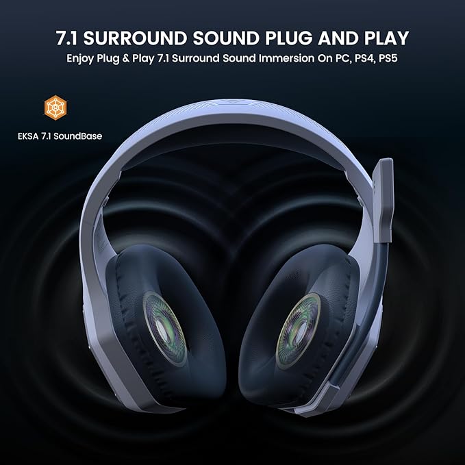 EKSA 2.4GHz Wireless Gaming Headset for PC, PS4, PS5, Gaming Headphones with Noise Cancelling Microphone, 7.1 Surround Sound, 36-Hr Battery Gamer Headset for Computer, Laptop, 3.5mm Wired Headphones