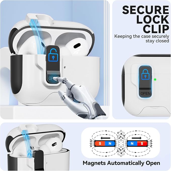 for AirPods Pro Case with Phone Stand, Secure Lock Cases Compatible with Airpods Pro 2nd/1st Generation, Drop-Proof Cover with Cleaner and Keychain for Women Girly (Black+White)