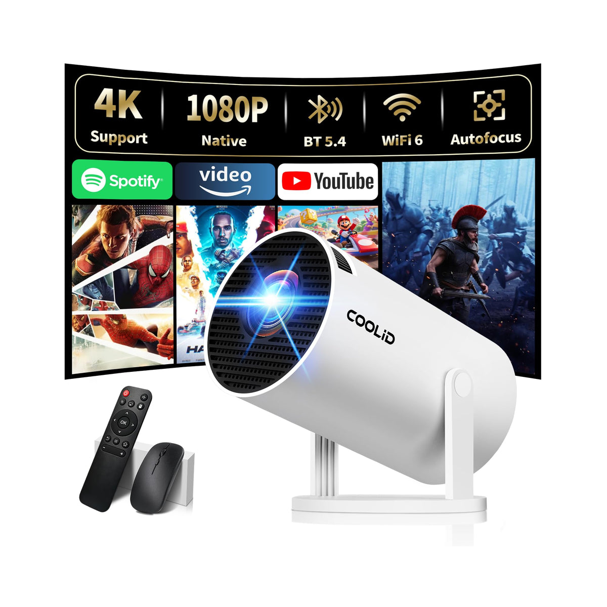 [Built-in Apps & 2026 Upgraded] Mini Projector Support 4K 1080P Auto Keystone 180° Rotatable with WiFi 6 and Bluetooth 5.4, Projector Portable Compatibile with HDMI/TV Stick/Memory Stick/Laptop-White