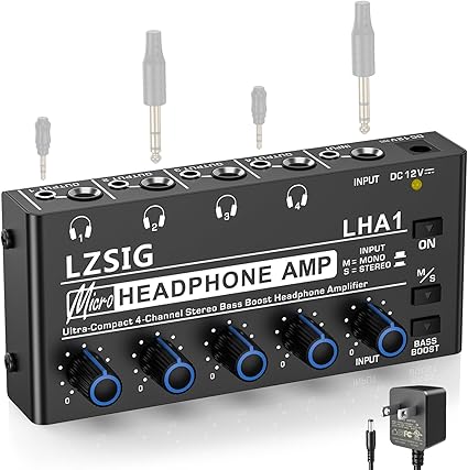 LZSIG Headphone Amplifier with Bass Boost, 4 Channel, 1‑IN 4 OUT, 12V