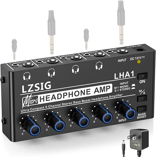 LZSIG Headphone Amplifier with Bass Boost, 4 Channel, 1‑IN 4 OUT, 12V