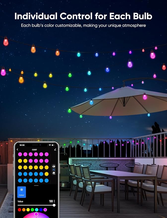 APPECK Smart Outdoor String Lights, 50ft RGBW Outdoor Patio Lights with 15 LED Bulbs, Extendable, 111 Scene Modes, IP65 Waterproof Lighting for Outside, Halloween Decor, Compatible with Alexa