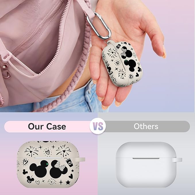 Compatible with Airpods Pro 2nd/1st Generation Case Cover with Keychain, Women Men Soft Silicone Two-Tone Cute Cartoon Engraved Convenience Protective Case, Front LED Visible Starlight/Black