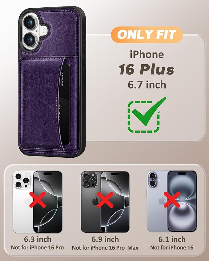 for iPhone 16 Plus Case with Wallet - Fits 4 Card Slots, Compatible with MagSafe for Women Aesthetic Durable PU Leather Credit Card Holder Kickstand Phone Cover for Apple 16 Plus, Purple