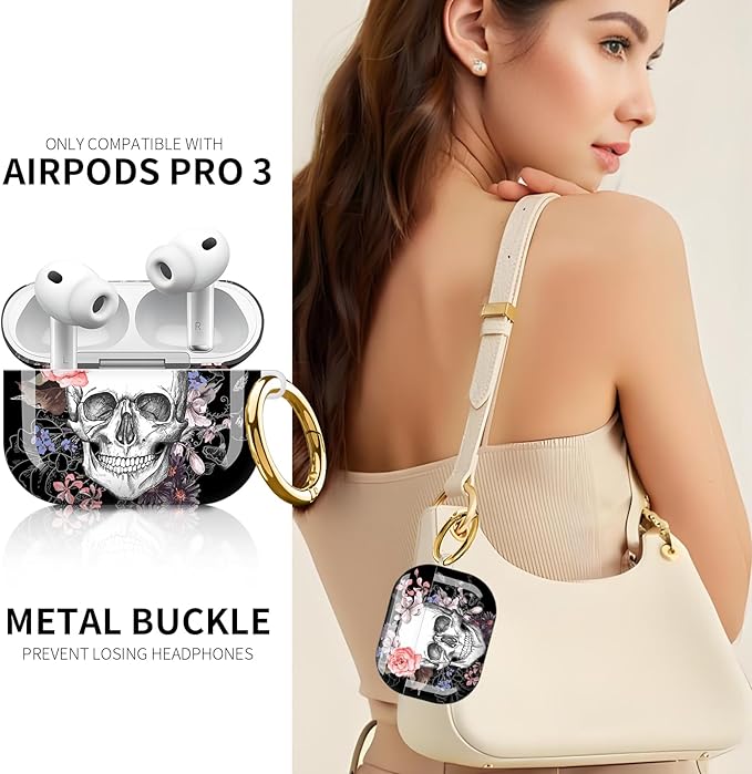 Compatible with AirPod Pro 3rd Generation Case 2025,Fashion Protective Cover with Keychain, Anti-Scratch, Drop Protection,Shockproof Cover for AirPod Pro 3 Women(Flower Skull Skeleton)