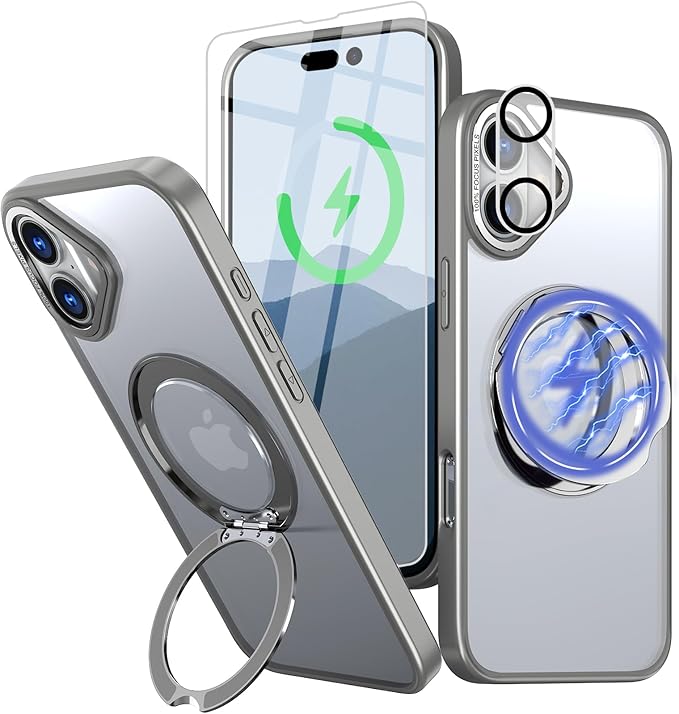 for iPhone 16 Case with Screen Protector & Lens Protector [15 FT Military Drop Protection] Magnetic Kickstand Compatible with MagSafe Slim Translucent Case (Titanium Grey)