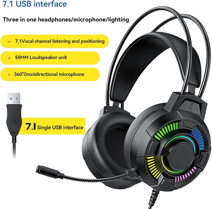 Gaming Headset with RGB Lighting USB Wired Over Ear Headphones 50mm Drivers 7.1 Surround Sound Lightweight Ergonomic Design Soft Ear Cushions for PC