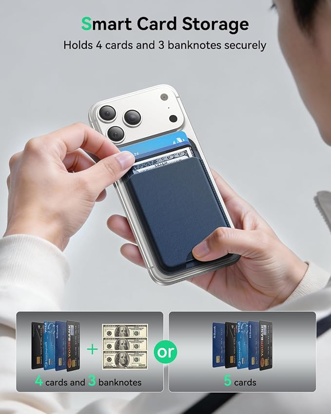 for MagSafe Wallet with Stand, 5 Card Holder, Slim Leather Magnetic Wallet for iPhone 17/16/15/14/13/12 Pro Max Plus Air Series, 3 Card Slots & 1 Cash Slot,Blue