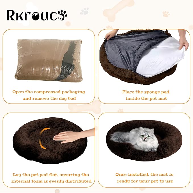 Fluffy Dog Bed Calming Donut Beds for Large Dogs Warming Round Small Medium Pet Nest Cozy Cat Mattress Indoor Washable Puppy Kennel Kittens Sleep Mat (XS, 20×20 inch, Brown)