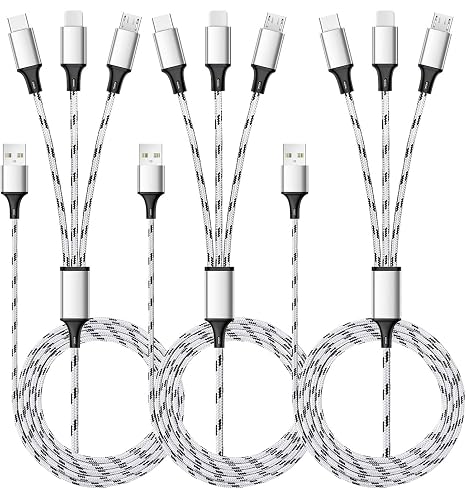 Multi Charging Cable, 5ft 3Pack Multi Charger Cable Nylon Braided Multiple USB Universal 3 in 1 Charging Cord Adapter with Type-C, Micro USB Port Connectors for Cell Phones and More