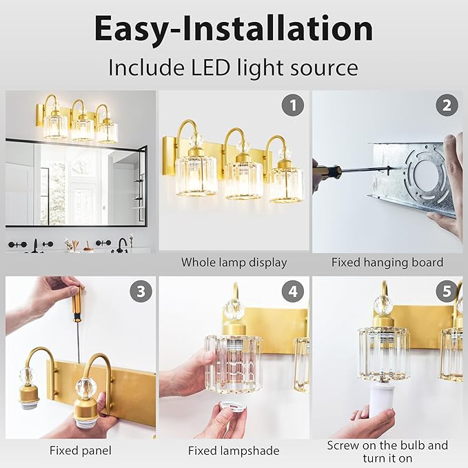 Bathroom Vanity Light Fixtures Over Mirror - Makeup Lighting Pure Gold - for Modern Wall, Bath, Desk, Farmhouse, Hallway 3 Crystal Lights