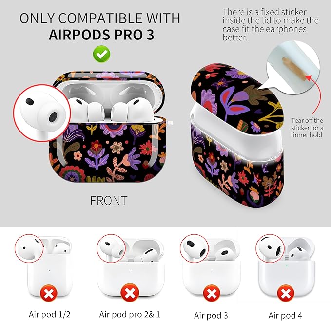 Cute Hard Case Compatible with AirPods Pro 3rd Generation Case (2025), Shockproof Protective Cover with Golden Keychain Ring Clip (Black Flower)