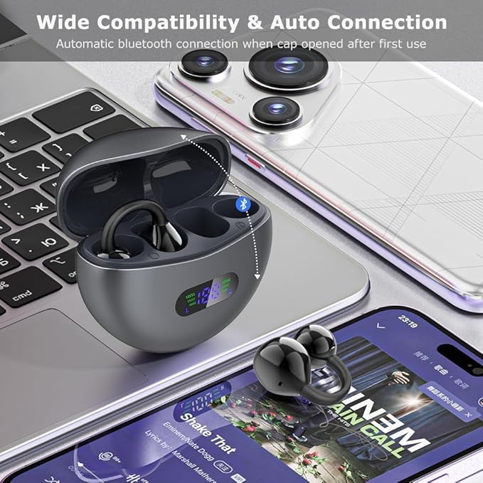 Ear Clip Earbuds Mini Open Ear Headphones Wireless Bluetooth Earphones for Sport Workout Driving Walking Running Compatible with iPhone Android (Black and Grey)