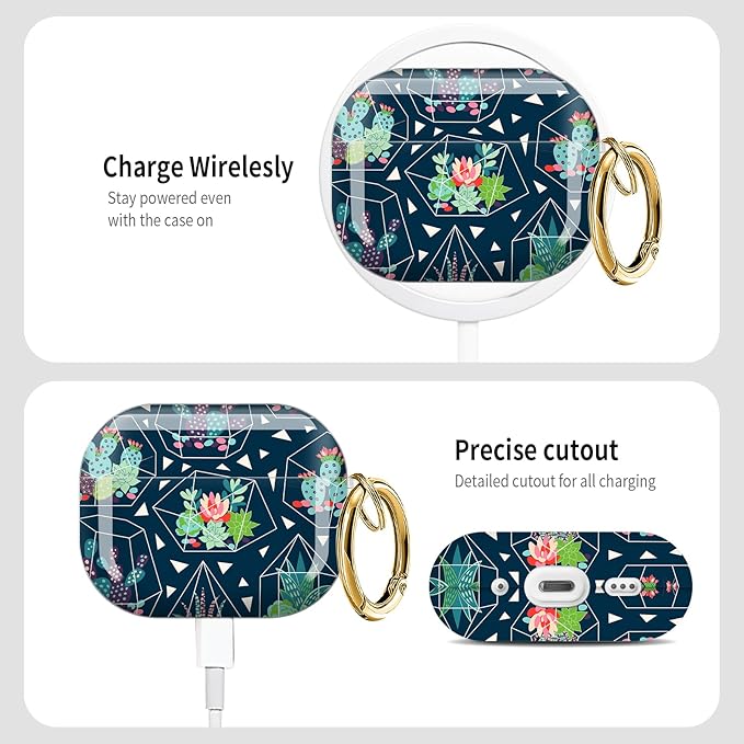 Cute Hard Case Compatible with AirPods Pro 3rd Generation Case (2025), Shockproof Protective Cover with Golden Keychain Ring Clip (Cute Succulents and Cactuses)