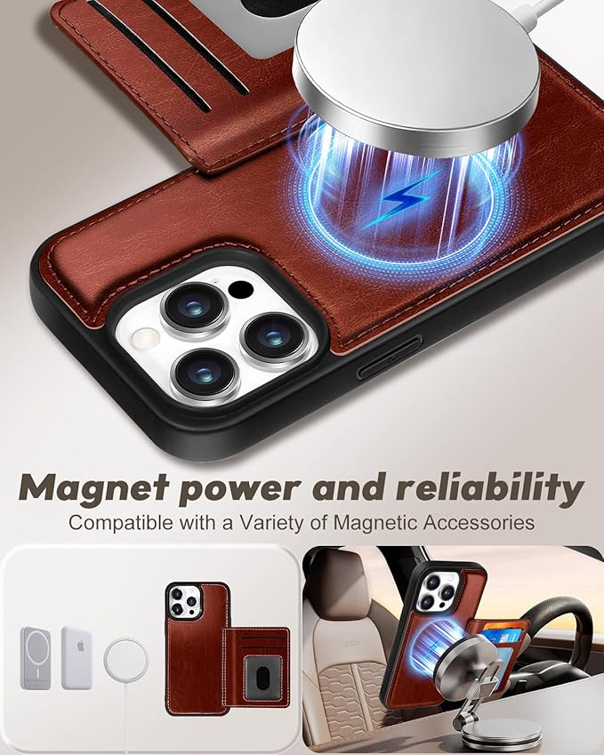for iPhone 13 Pro Max Case with Wallet - Fits 4 Card Slots, Compatible with MagSafe for Women Men Durable PU Leather Credit Card Holder Kickstand Phone Cover for Apple 13 Promax, Brown
