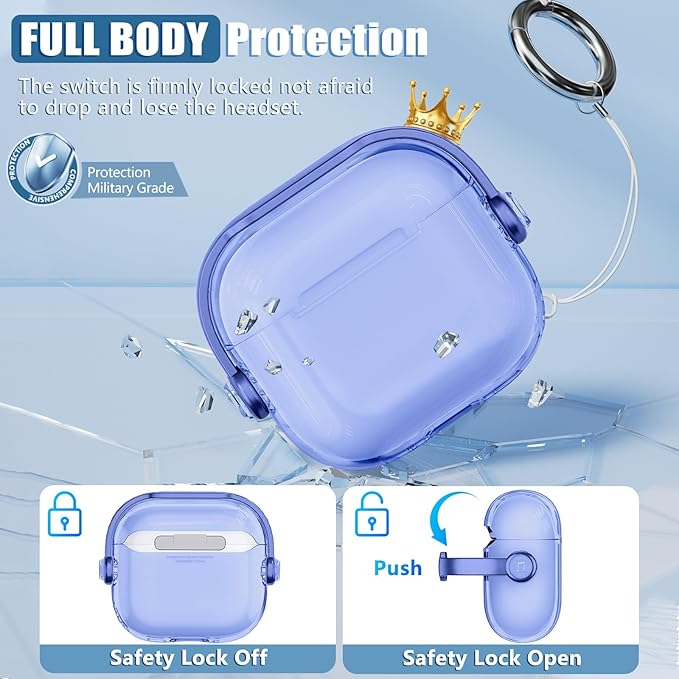 Safety Lock for Airpods 4 Case,TPU Clear Case for Apple Airpods 4 Case 2024 USB-C with Cleaner Kit, Drop Protection Airpods 4 Case Cover for Men for Women with Lock and Keychain, Clear Blue
