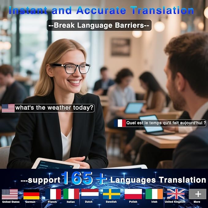 Ai Translation Smart Glasses with ChatGPT,Bluetooth Glasses with 164+ Language Translation,Translator Glasses Physical Color-Change Lenses,Multifunctional Audio Eyewear for Women Men (M01)