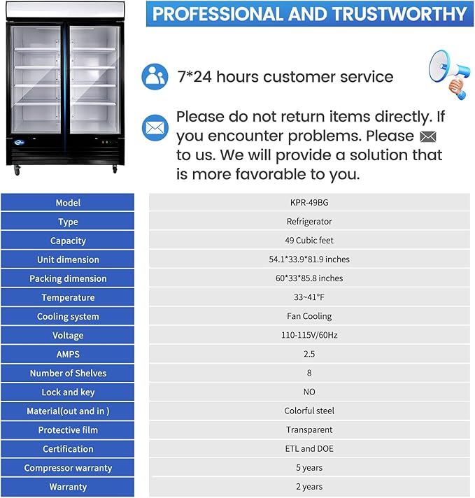 49 Cu.Ft Commercial Refrigerator, 54" Display Merchandiser, 2 Glass Door Reach-in Upright Beverage, Black Upright Fridge Cooler with LED Lighting for Restaurant Kitchen, Black