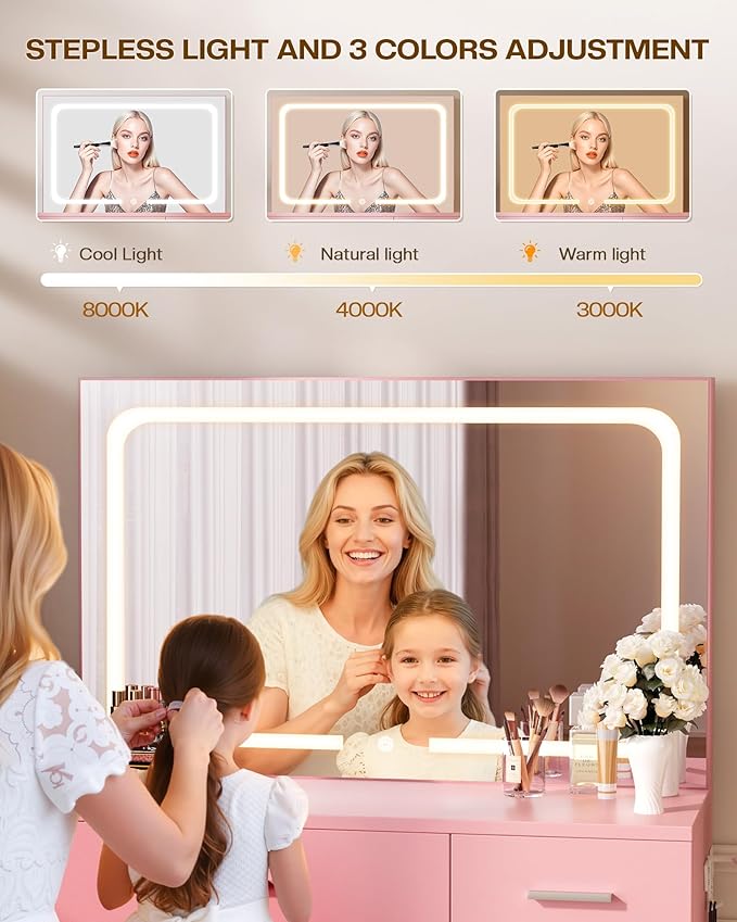 Makeup Vanity Desk Set, Pink, 35.4“W x 15.7" D x 53.9" H (Large Smart LED Mirror, with Cushion Stool, Hairdryer Rack, Power-Outlet, 4 Drawers)