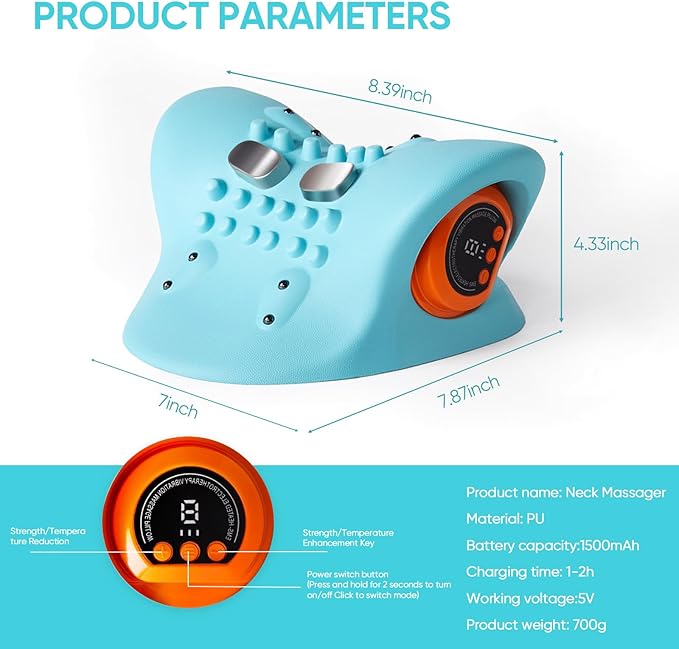 Neck Massager 2025, Neck Massager Pillow with Heat for Pain Relief, Boost Circulation,and Restore Natural Alignment, 3-in-1 Cervical Traction Device Hump Corrector,for Home Use,9 Modes (Blue)