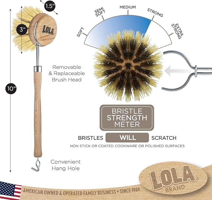 LOLA, The Original- Pot & Pan Brush, 6 Pack, Heavy Duty Brass Wire & Tampico Bristles, Handle Made from Sustainable Birch Wood for Cleaning