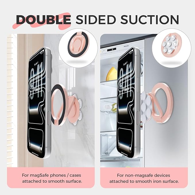 4 in 1 Sticky Phone Grip Holder for Magsafe,Double Sided/Suction Cup Case Mount,Magnetic Phone Stand for iPhone 17/16/15/14/13/12 Pro Max,Vacuum Ring Holder for Kindle/Android/Tiktok Content Creator