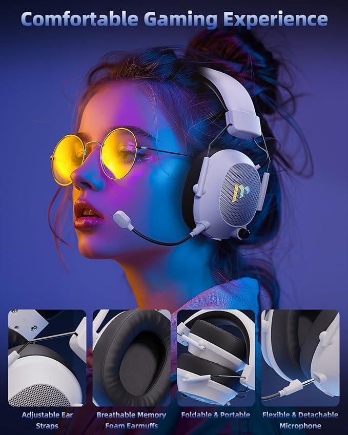 Mytrix Tac Master 2.4GHz Wireless Gaming Headset with Noise Canceling Microphone for PC, PS4, PS5, Mac, Bluetooth 5.3 Gaming Headphones with RGB Light, Surround Sound, 50H Battery (White)